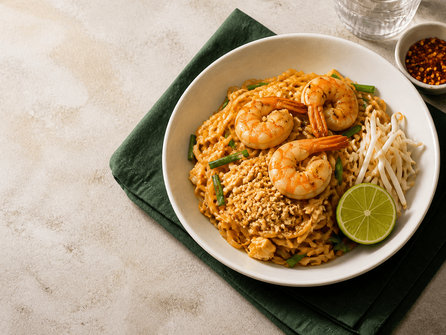 Shrimp pad thai served in a premium restaurant