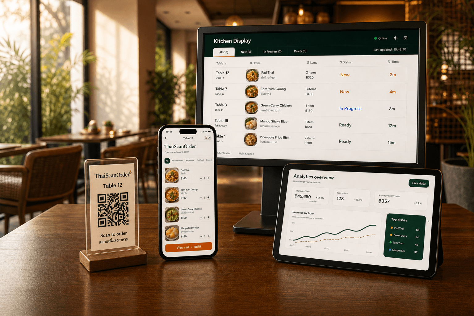 ThaiScanOrder ordering, kitchen, analytics, and QR products staged naturally inside a restaurant